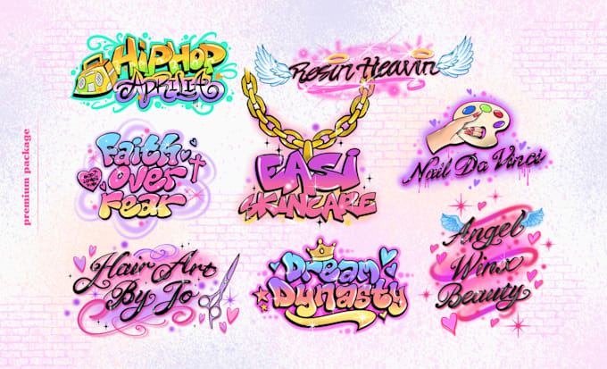do 80s 90s airbrush graffiti design for logo and merchandise