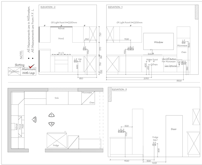create your 2d layout of your kitchen with marking