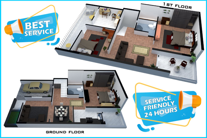 design 3d floor plan, axonometric, 2d plan with rendering
