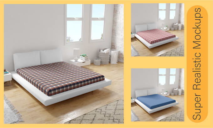 make super realistic textile interior mockup designs bedsheets curtains cushions