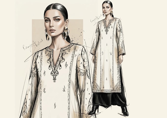 create professional digital fashion illustrations and sketches