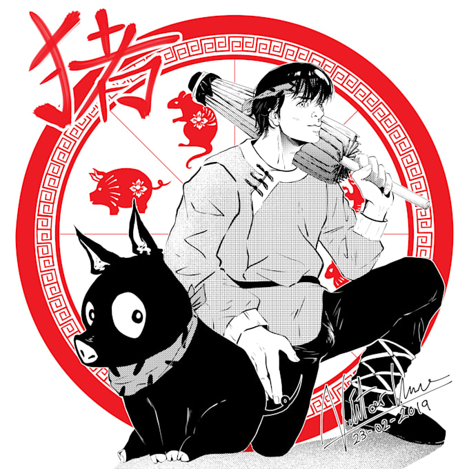 Do a black and white illustration in comic or manga style by Vizmeart ...