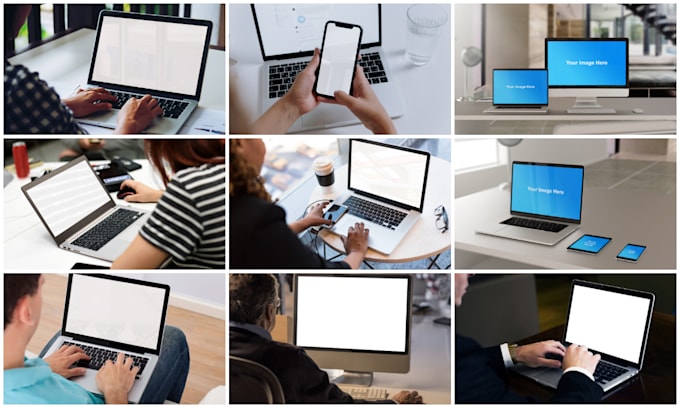 display your website or logo on laptops, computers, and iphone screen mockups