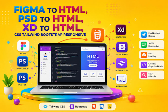 convert psd, figma to html tailwind css bootstrap front end developer