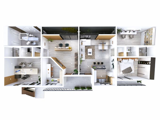 create a 3d floor plan render view for airbnb or real estate agency