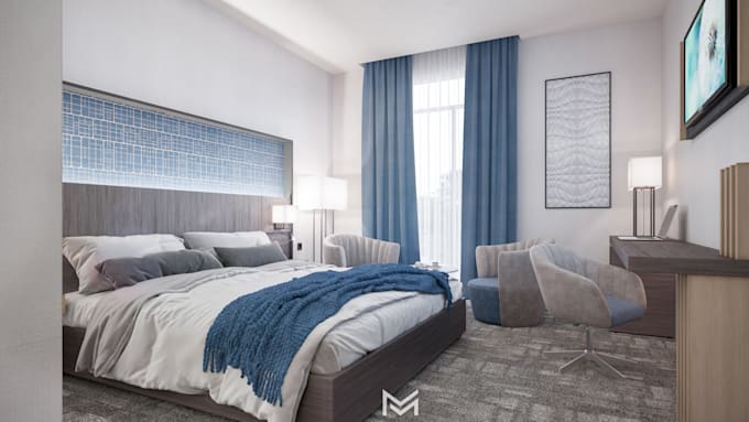 design and render a hotel room interior professionally