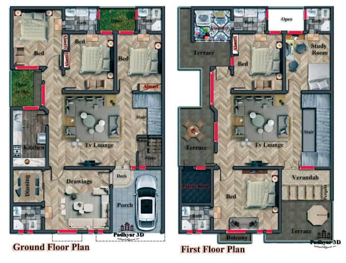 render 2d architectural floor plan visualization