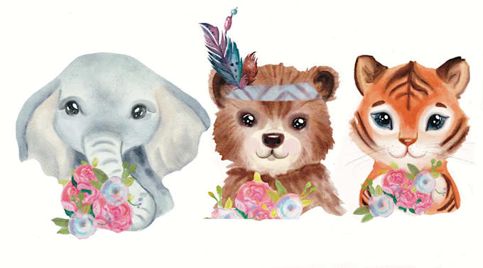 create cute cartoon watercolor  animals illustrations for you