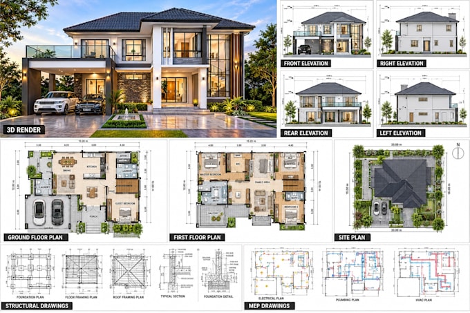 do architectural 2d floor plan, mep, structural and construction permit drawings