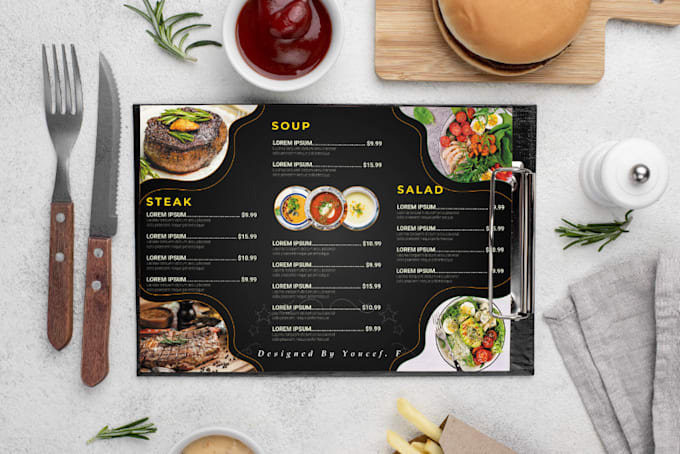 design a creative restaurant food menu flyer or brochure