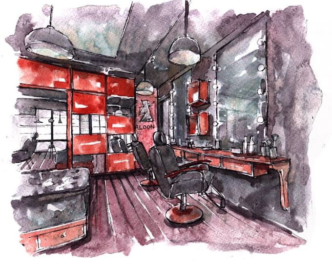 draw watercolor hand drawings of shop and house interior designs