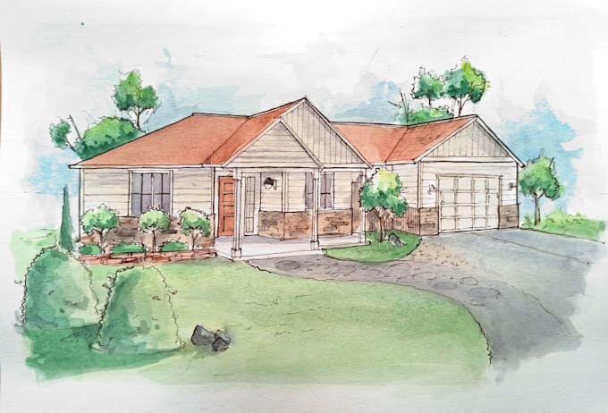 hand draw architectural with watercolor handmade
