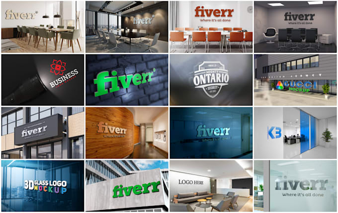 do 15 realistic office interior and 3d wall logo mockups