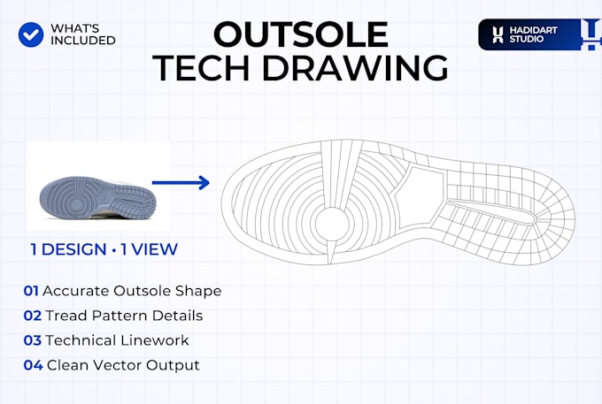 make a detailed footwear outsole technical drawing