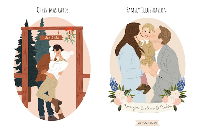 draw cute couple and wedding portrait illustration
