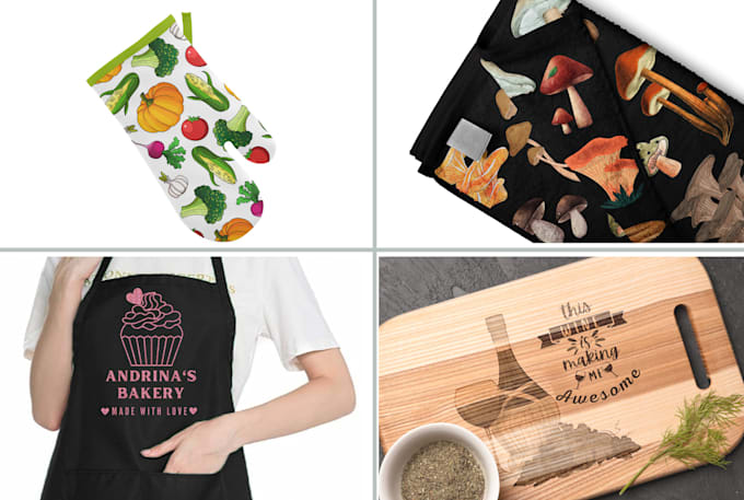 create designs for aprons, kitchen clothes, and cutting board stickers