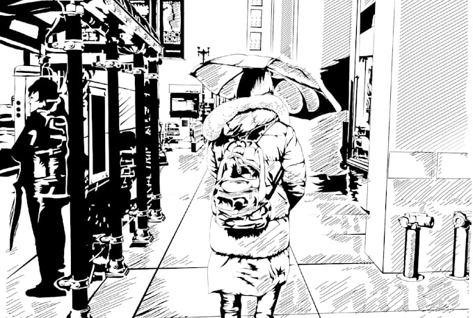 draw black and white detailed line art vector illustration