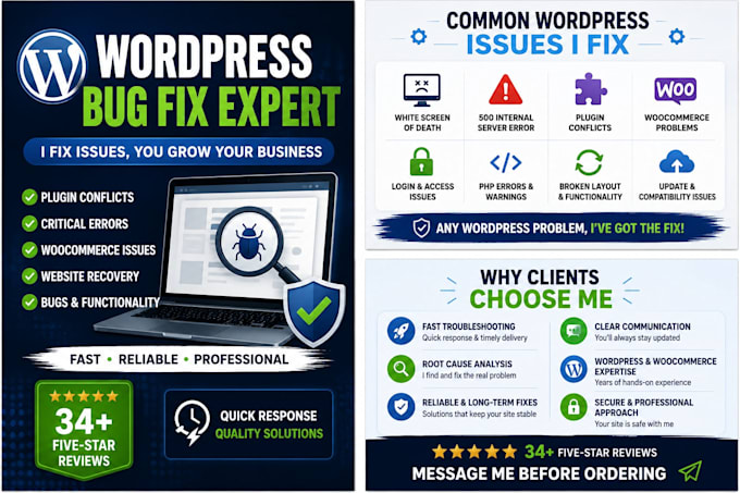 fix wordpress errors, plugin issues, bugs and critical website problems