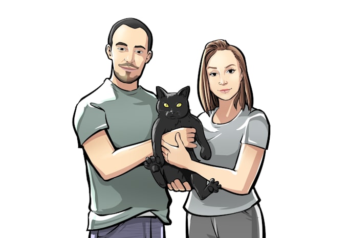 draw couple cartoon character and a pet