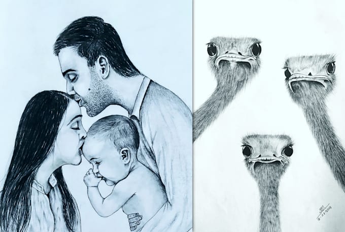draw realistic pencil sketch or hand drawn portrait
