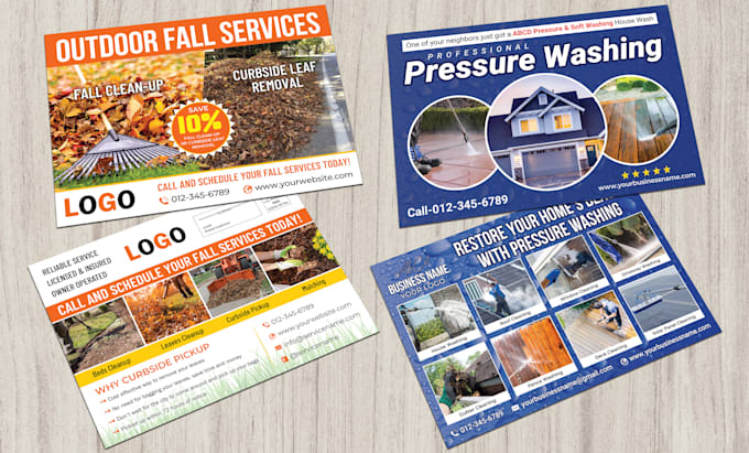 design postcard, flyer for roofing, moving, pressure washing, lawn care, damage