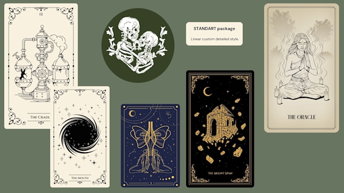 illustrate custom tarot cards in line art style