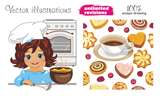 draw food, drinks and any illustrations a cooking theme