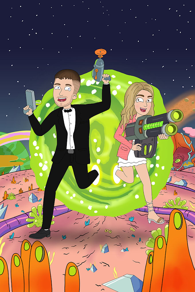 make rick and morty cartoon couple portrait
