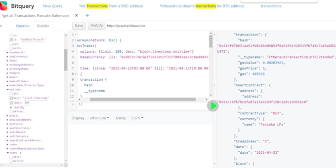 create crypto transaction query in bitquery