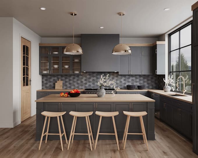 design kitchen interior and render 3d realistic images