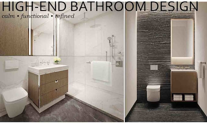 design luxury bathroom interiors with realistic 3d renders and layout plan