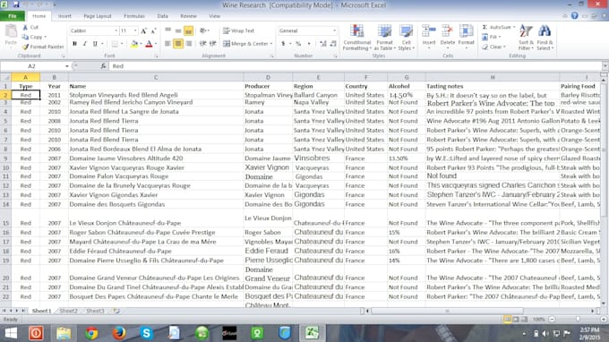 do wine data entry and research them in excel or website