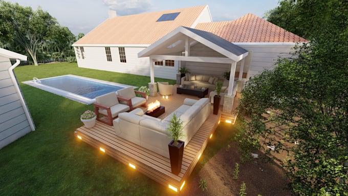 design your 3d covered porch,outdoor entertaining,firepit,terrace,patio,kitchen