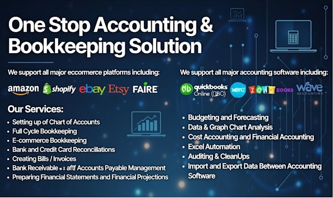 do bookkeeping for quickbooks, xero, zoho, amazon, ebay, etsy, setups, cleanups
