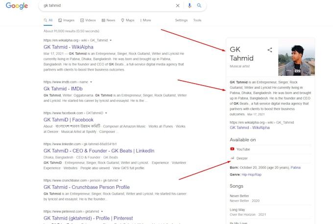 create a google knowledge panel as a musician