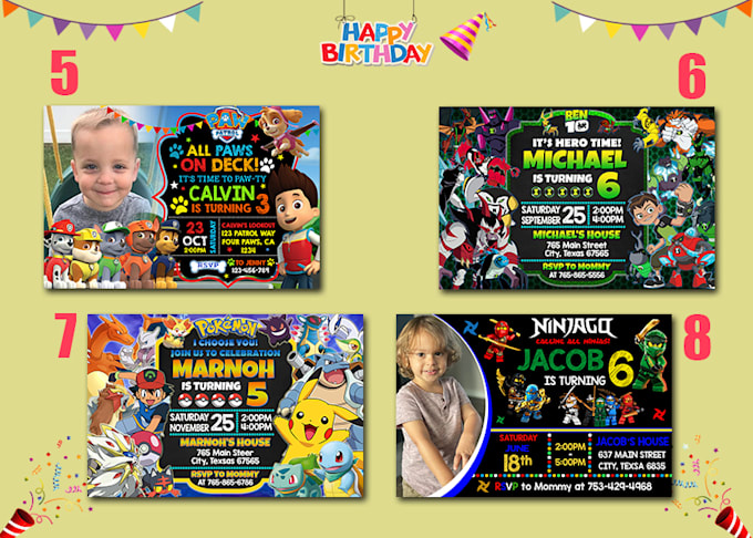 transformers, ninjago, pokemon, ben 10, paw patrol, hot wheels, invitation