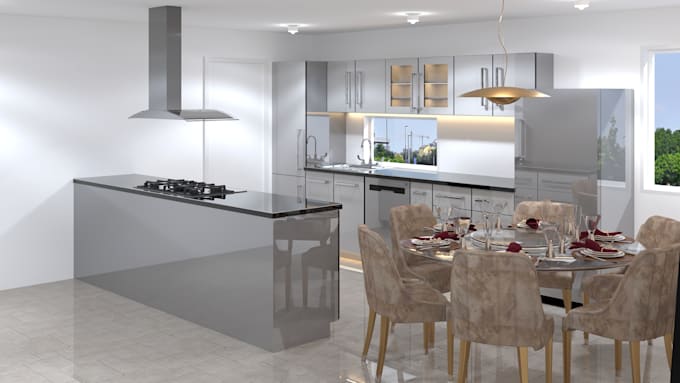 design kitchen interior in 2d measurement, 3d and render