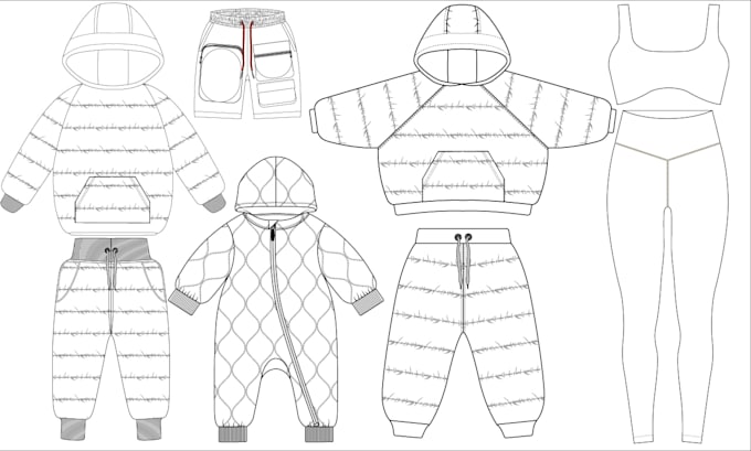 draw technical flat sketch and tech pack for cloth manufacturing or presentation