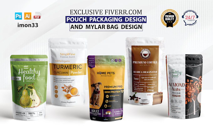 do a modern product packaging, pouch design, food packaging, and box design