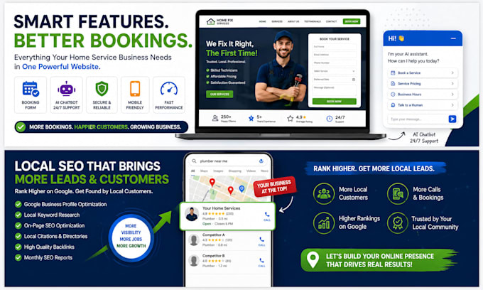 build a home service website with booking form, ai chatbot, and local SEO