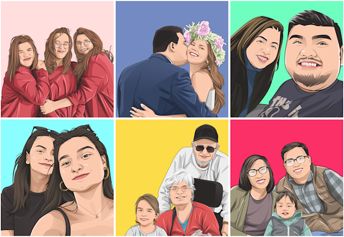 draw a family or a group into vector cartoon portrait