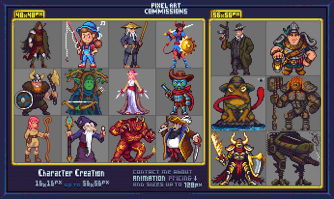 create high quality pixel art character sprites for you