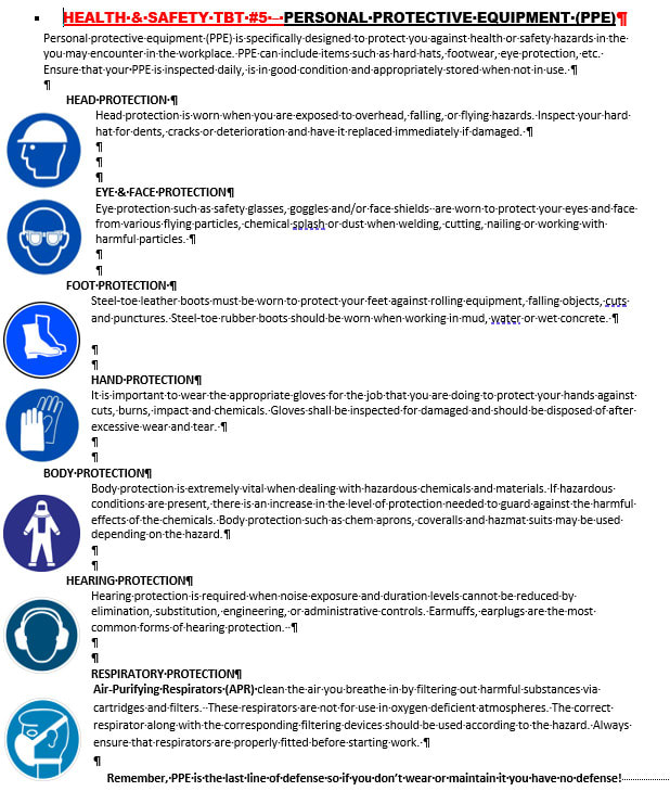create health and safety or environmental toolbox talks