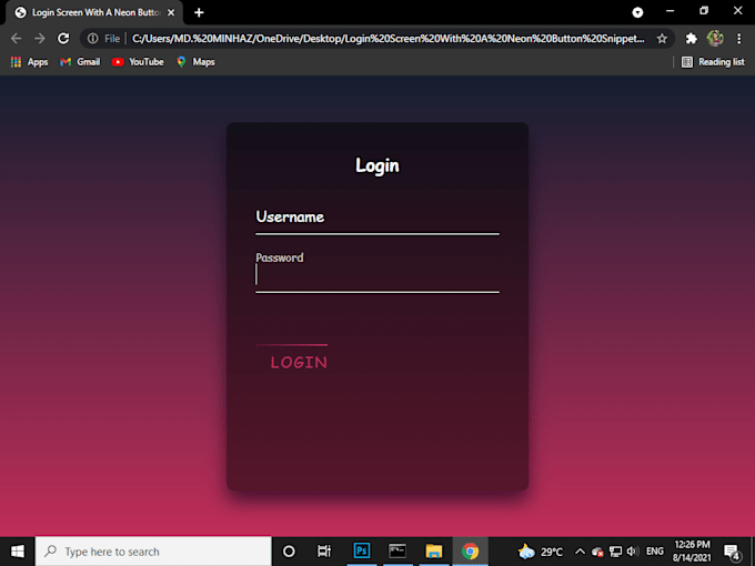 design a login screen with a neon button snippet CSS and HTML