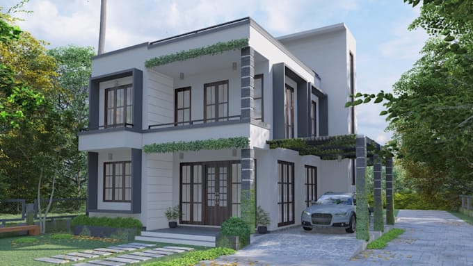 design house exterior model, visualization, 3d rendering, walkthrough