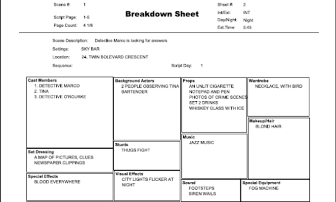 provide a script or film breakdown, and shooting schedule in movie magic