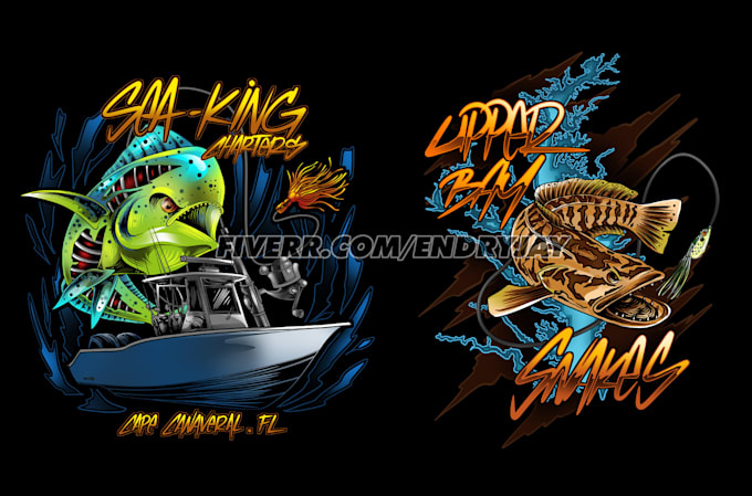 draw fish boat and outdoor t shirt illustration