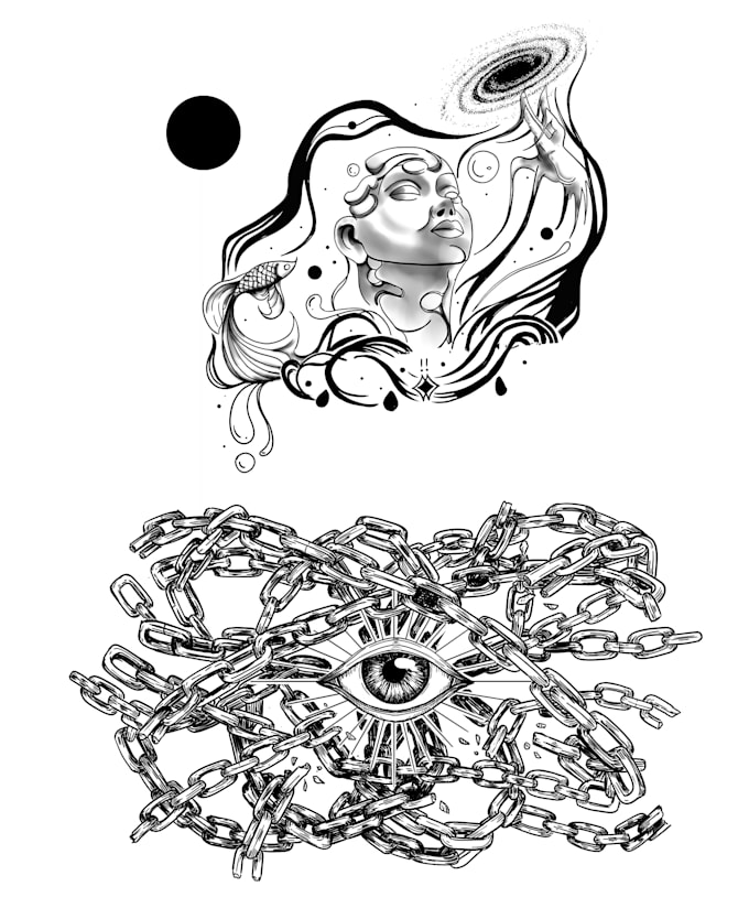 do detailed unique bw illustration, custom drawing, tattoo, merch, book design