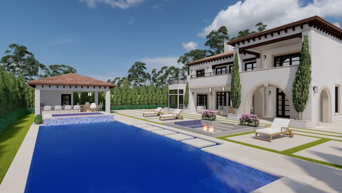 design your pool house, outdoor kitchen backyard with beautiful landscape