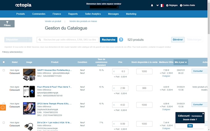 do products listing at your cdiscount marketplace store